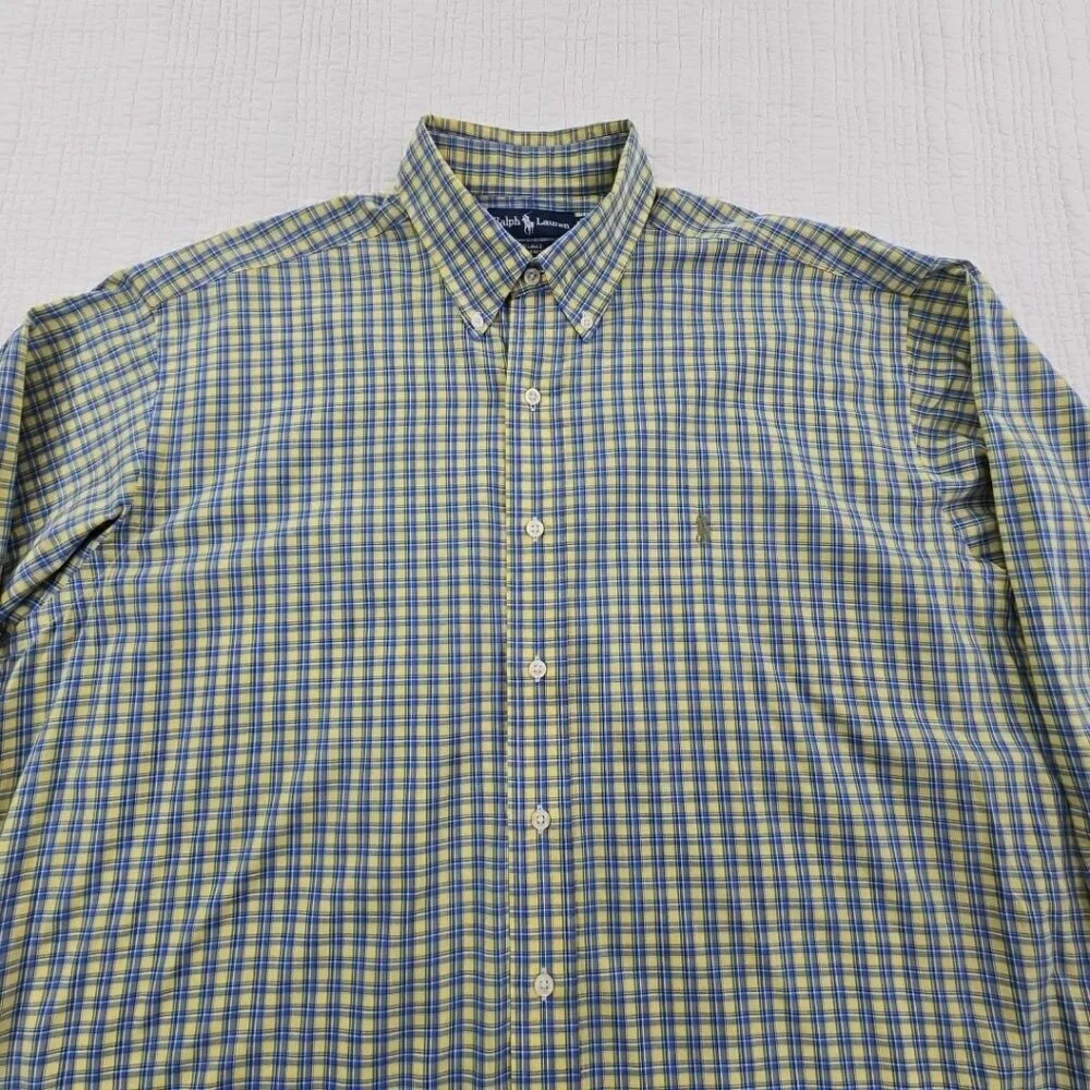 Ralph‎ Lauren Blake Shirt Men's L Yellow Blue Check 100% Cotton EUC Classic LS